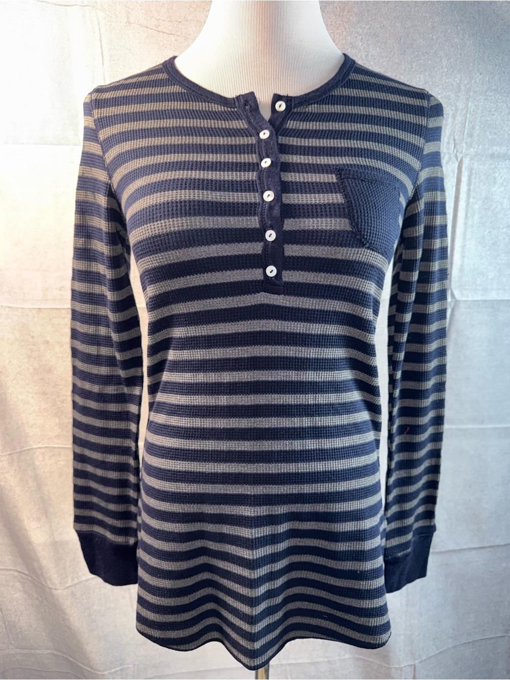 1466-Splendid Navy and Gray Striped Henley Long-Sleeve Top